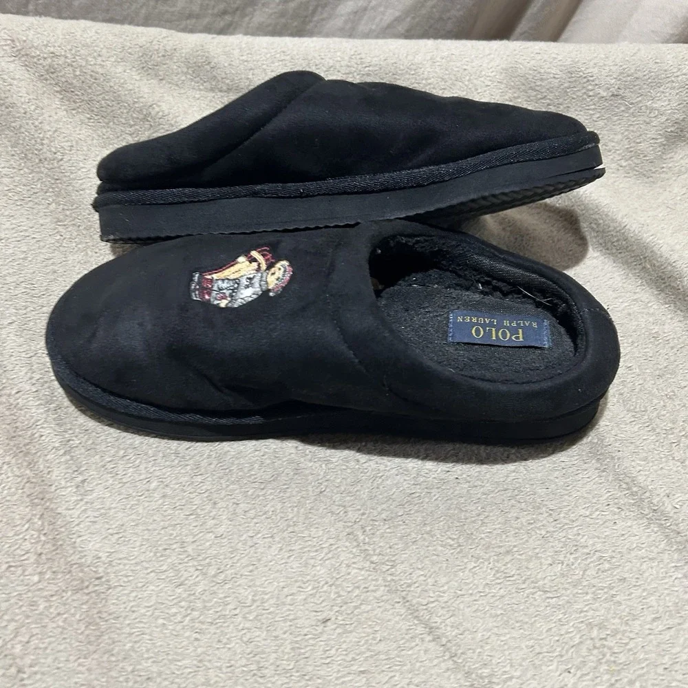 Polo Ralph Lauren Ski Bear Slippers Mens Size 8 Black Sled Scuff Faux Shearling